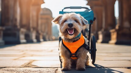 a cute dog with disabilities in a wheelchair walks down the street. Happy dog. Never give up. A...