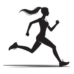 Fototapeta na wymiar Running Girl Silhouette: Sporty Confidence, Female Runner Silhouetted in Full Stride - Minimallest running black vector lady runner Silhouette 