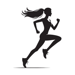 Running Girl Silhouette: Fitness Progress, Determined Jogger in Silhouette Against Modern City Skyline - Minimallest running black vector lady runner Silhouette
