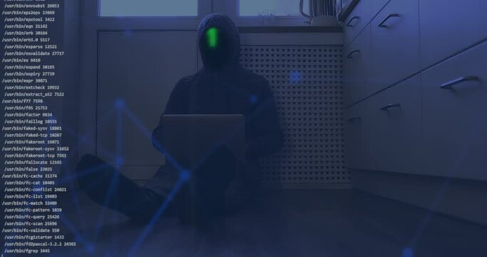 Remote software developer, working diligently on his laptop. Animation of a white code. Digital composite video, Cyberspace concept, hacker, security, big data, artificial intelligence