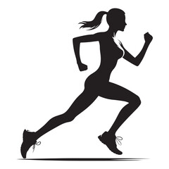 Running Girl Silhouette: Urban Trail Running, Determined Female Jogger Amidst City Lights - Minimallest running black vector lady runner Silhouette
