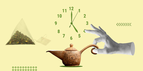 Tea Time, Tea Time Harmony. Hand with small teapot and tea cup, accompanied by clock displaying...