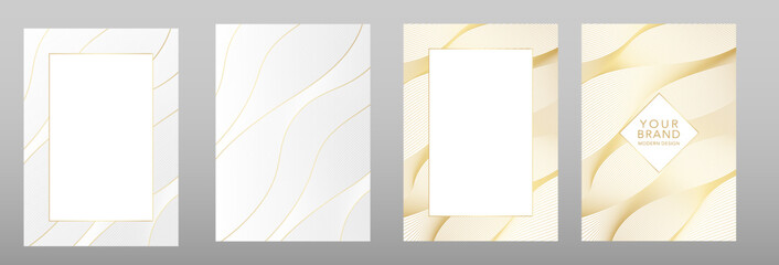 Technology cover and frame design set. Luxury white and gold line pattern, abstract guilloche curves backdrop for A4 brochure, catalog, business layout, digital certificate, elegant menu. Vector  - obrazy, fototapety, plakaty