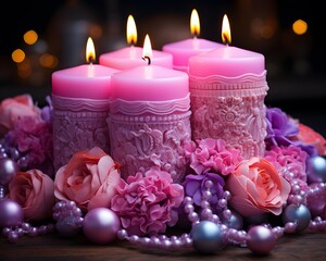 Romantic candles on a dark background with pink roses and pearls