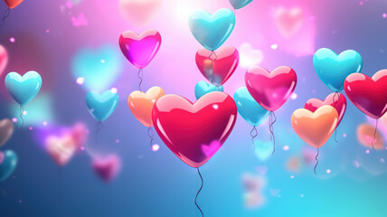 Balloons in the shape of hearts on a bright colored background, confetti, glow