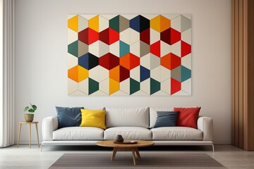 A minimalist living room with a 3D intricate colorful wall depicting a geometric optical art pattern.