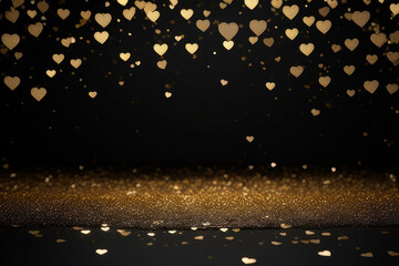 Valentine's day concept background with golden foil hearts confetti on black background. Wedding invitation, gift packages cover template. - Powered by Adobe