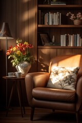 Ultra realistic photograph of design detailed interior with armchair and plants
