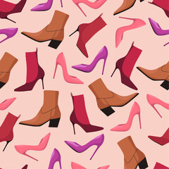 Seamless pattern with illustrations of women's shoes: fashionable shoes, boots. Vector illustration