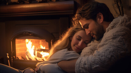 A couple cuddling by a fireplace.