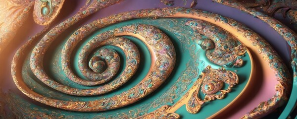 a spiral design with a gold and turquoise background