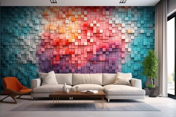 A minimalist living room with a striking 3D intricate colorful wall made of glass tiles in a spectrum of colors.