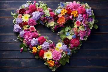 Fototapeta na wymiar Floral Heart Wreath: A wreath made of beautifully arranged flowers, forming the shape of a heart, symbolizing love and nature. Heart,