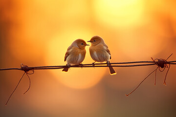 Lovebirds on a Wire: Two birds perched on a wire forming the shape of a heart, capturing the essence of companionship and connection. Love,
