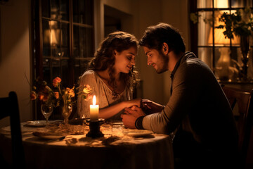 Romantic Candlelit Dinner: An intimate scene of a couple sharing a candlelit dinner, portraying the romantic ambiance and connection between them. Love, Couple