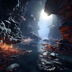 3D CG rendering of Dark cave with light coming through the cave