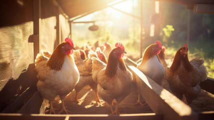 Advertising shot of chickens in a chicken coop sitting on the hay on a farm in the courtyard, photorealism, morning sun in the background - obrazy, fototapety, plakaty