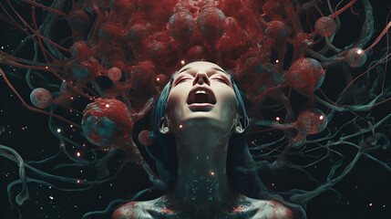 A woman captivated by intense emotion, trapped in a nightmarish situation, enveloped by bloodied neurons, depicting a tumultuous state of mind - obrazy, fototapety, plakaty
