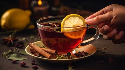 Foto op Canvas A hand putting a slice of lemon to the cup of hot tea with spices like cynnamon, star anise and dried cranberry © Wendy2001