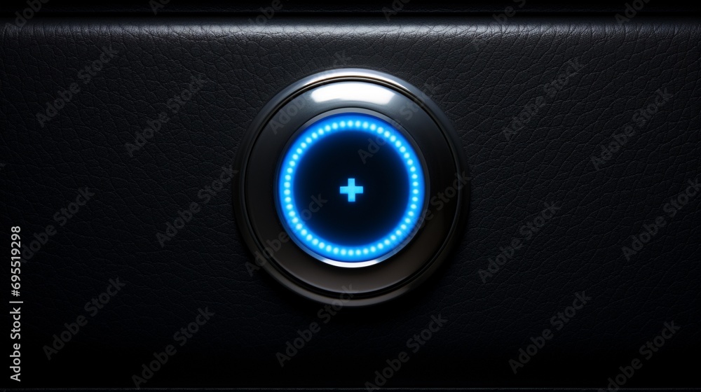 Wall mural empty illuminated button isolated on black leather background with copy space, steel button mock up 