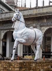 maharana pratap white horse chetak statue at rainy day from flat angle