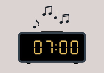 A home gadget - an alarm clock with digital display playing a melodic tune