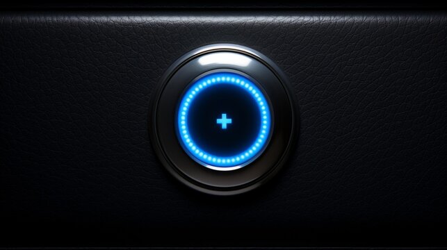 Empty illuminated button isolated on black leather background with copy space, steel button mock up on black.