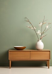 Minimal interior mockup of aesthetic living room reception area, mid century style wooden table and vase decorated with spring branches with white flowers on graceful moss green background, copy space