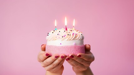 Woman's hand holding lighted candles decorated birthday muffin cake isolated on pink background with copy space.