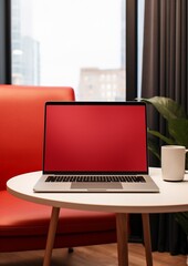Mock up laptop screen over red background, laptop on red designer chair on red backgrounds