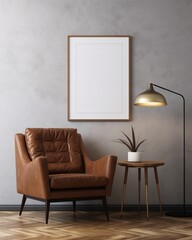 Modern interior with concrete wall panel, wooden floor and orange leather armchair, blank wooden frame mock up with copy space, mid century style living room background.