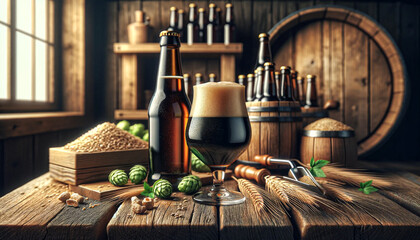 Artisanal beer, ideal as a product photo,  set in a wood-themed ambiance to appeal to beer lovers, dark beer - obrazy, fototapety, plakaty