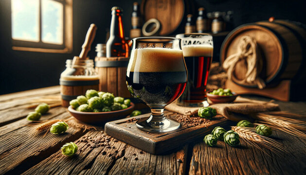 Artisanal beer, ideal as a product photo,  set in a wood-themed ambiance to appeal to beer lovers, dark beer
