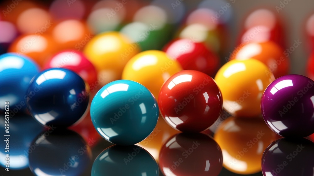 Poster a row of colorful gumballs on a table with shiny surface, ai