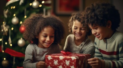 Three diverse kids happy and gleefully unwrap Christmas presents in a cozy living room, with a beautifully decorated tree in the backdrop, capturing the magic of the holiday spirit - obrazy, fototapety, plakaty