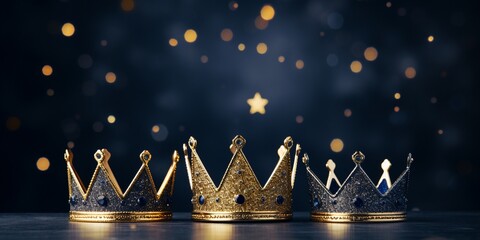 Epiphany Day or Dia de Reyes Magos concept. Three gold crowns on dark blue background with golden particles, with copy space.