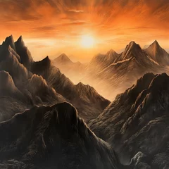 Foto auf Acrylglas Tatra Fantasy alien planet. Mountain and sunset. 3D illustration.