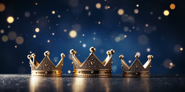 Epiphany Day or Dia de Reyes Magos concept. Three gold crowns on dark blue background with golden particles, with copy space.