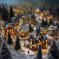 Winter scene with small houses and trees at night. 3D rendering