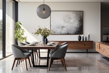 Grey, White and Wood Dining Room