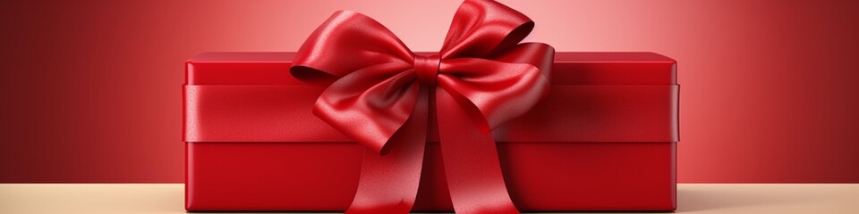 A deluxe gift box wrapped in glossy red paper, tied with an intricately fashioned ribbon bow, placed to allow room for your special text or dedications.