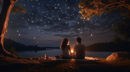 A couple enjoying a romantic 4th of July themed dinner under fireworks. - obrazy, fototapety, plakaty