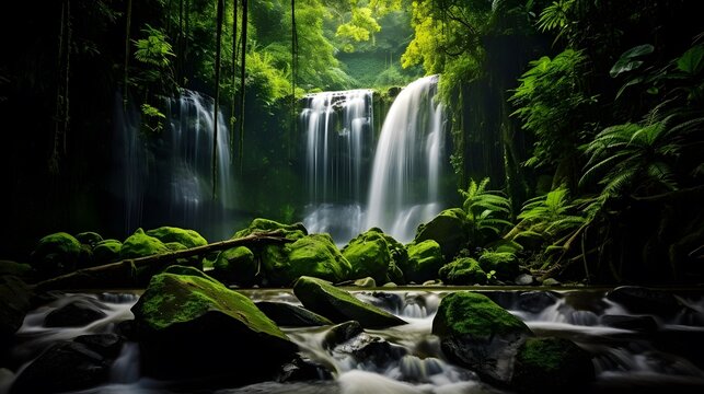 Panorama of beautiful waterfall in the green forest, long exposure.