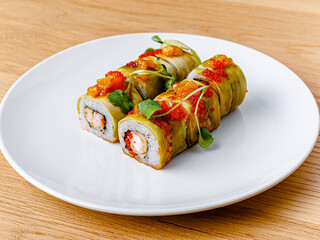 Tasty and beautiful sushi plate from the best sushi restaurant, the concept. Sushi rolls with rice and fish, soy sauce on a wooden table background. Overhead shot of Japanese seafood sushi set. 