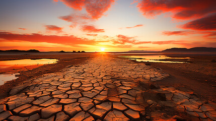 Photo desert with cracked ground at sunset ecological concept