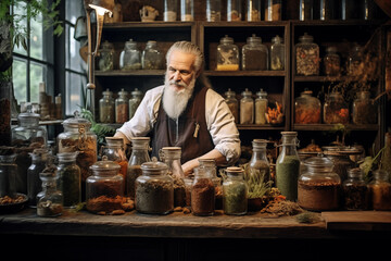 Herbalists with apothecary jars and mystical herbs, with room for herbal lore