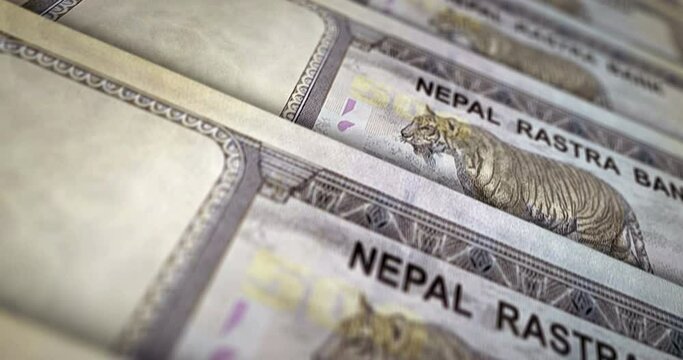Nepal money Nepali rupees banknote loop. 500 NPR money texture. Concept of economy, business, crisis, banking, recession, debt and finance. Moving over note loopable seamless 3d.