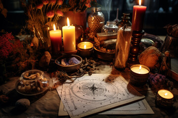 Fototapeta na wymiar Magical ritual setups with candles and symbols, leaving space for ritual details