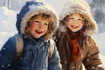 A portrait of two happy children in winter day