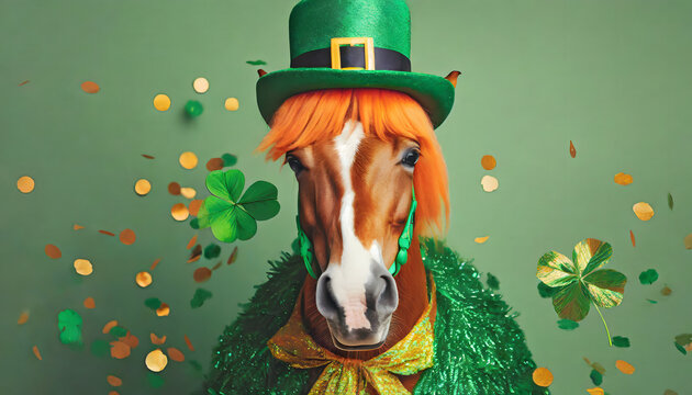 st Patricks day, pferd, hut,, grün, hintergrund, perücke, close-up, spaß, party, Kleeblatt, kostüm, party, flyer, gestalten, copy space, irland, Dublin, orange-grün, orange, cork, 